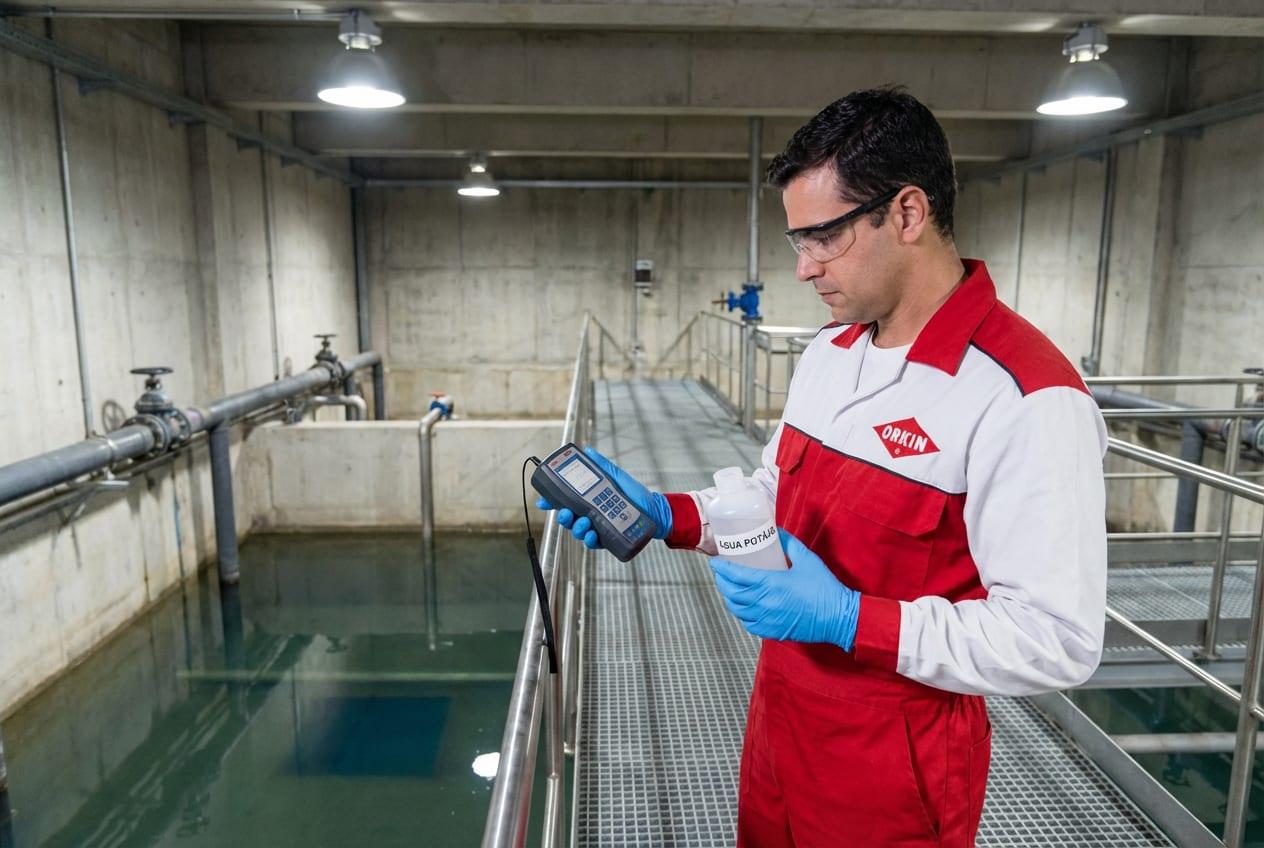 Técnico Orkin realizando inspeção comercial profissional