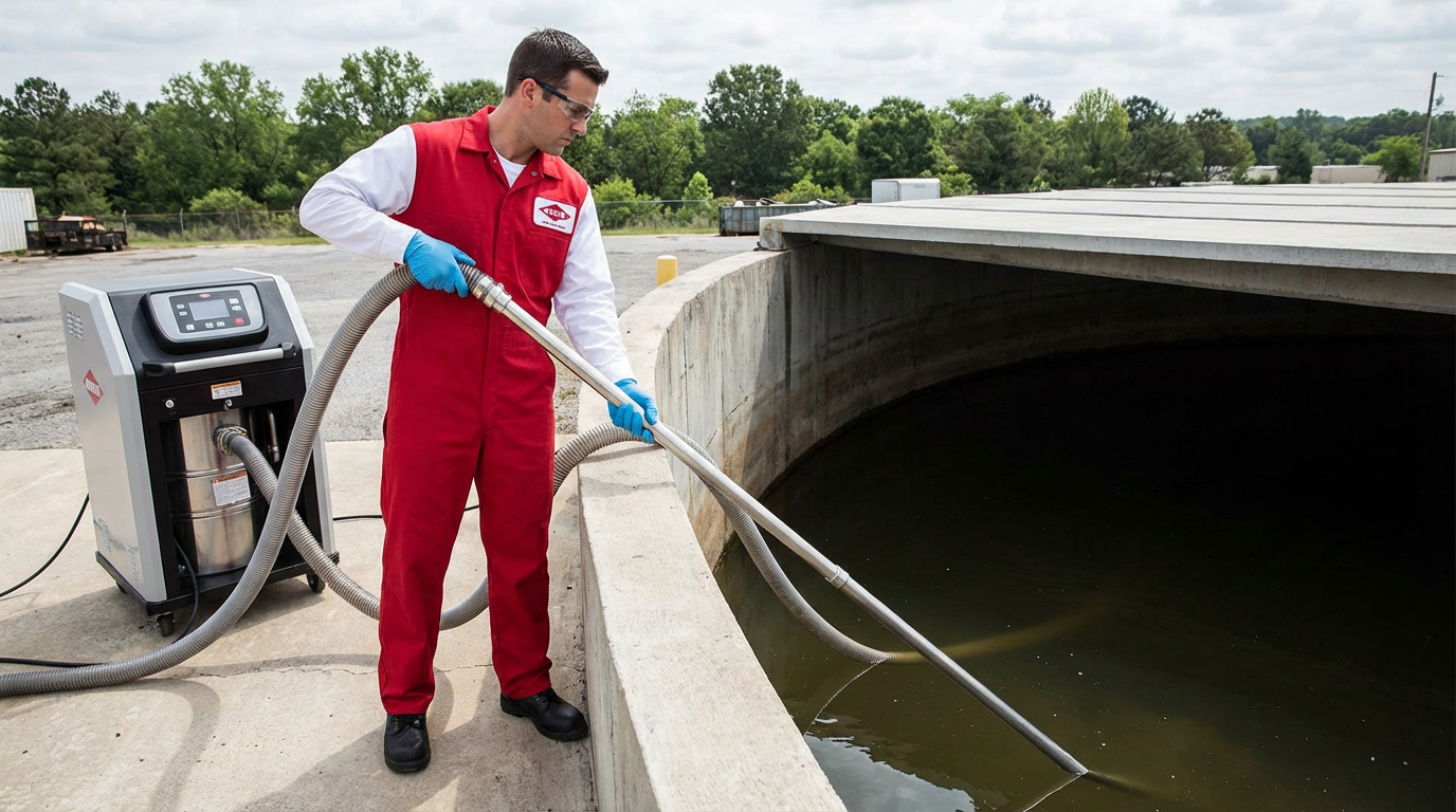 Técnico Orkin realizando limpeza de cisterna por aspiração - trabalhando do lado externo